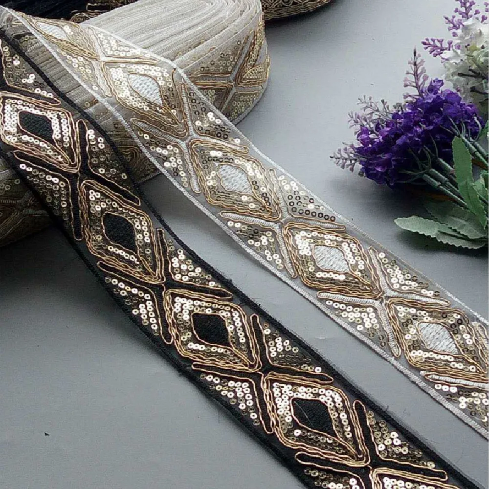 

2 Yards Ethnic Gold Thread Sequins African Lace Trims Geometric Lace Ribbon DIY Sewing Dress Decoration Bridal Lace