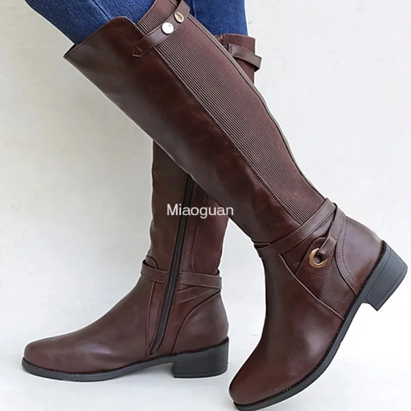 Bottes en cuir PU à talon épais pour femmes, chaussons longs, bottes hautes au genou pour dames, chaussures gothiques, mollet large, automne, hiver