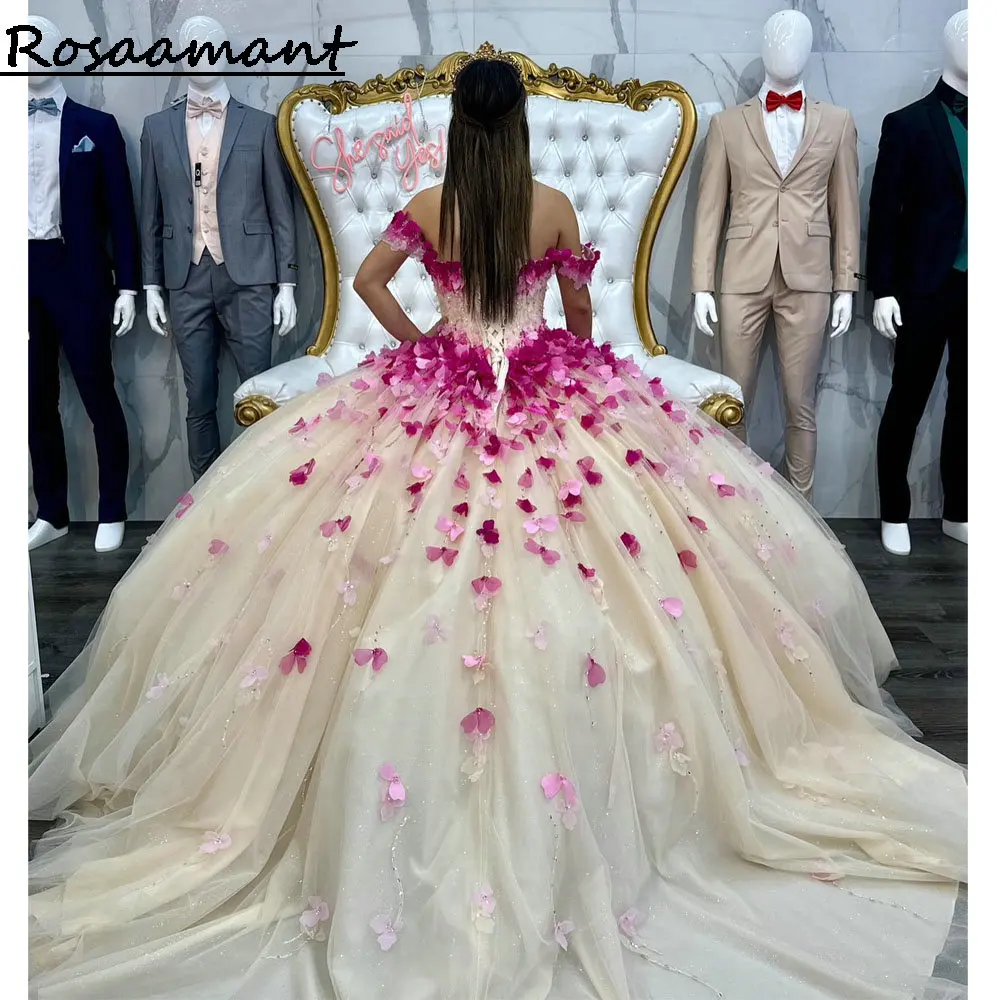 Champagne Crystal Beading Ball Gown Quinceanera Dresses Off The Shoulder Pink 3D Flowers Corset Vestidos De 15 Años