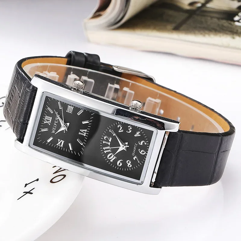 

Dual Dial Unisex Watch Genuine Leather Band Couple Quartz Wristwatch Simple Minimalist Men Women Male Female Black White Clock