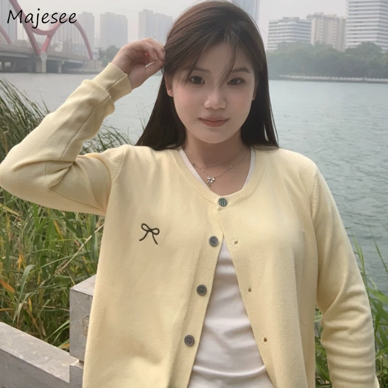 

Solid Cardigan Women Soft Cozy Chic Ins Bow Embroidery All-match Harajuku Trendy Gentle Daily Students Young Outwear Autumn Y2k