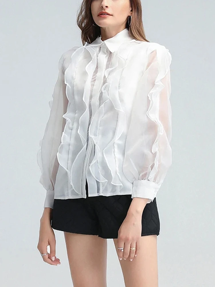 Imagem -04 - Camisa Patchwork para Mulheres Twotwinestilo com Dobras Camisa Casual com Lapela e Lanterna de Manga Single Breasted Designer Blusas