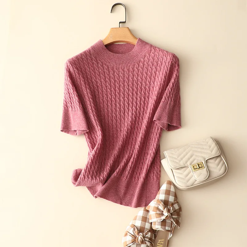 masigoch classic cable knit short sleeve 100% cashmere sweater