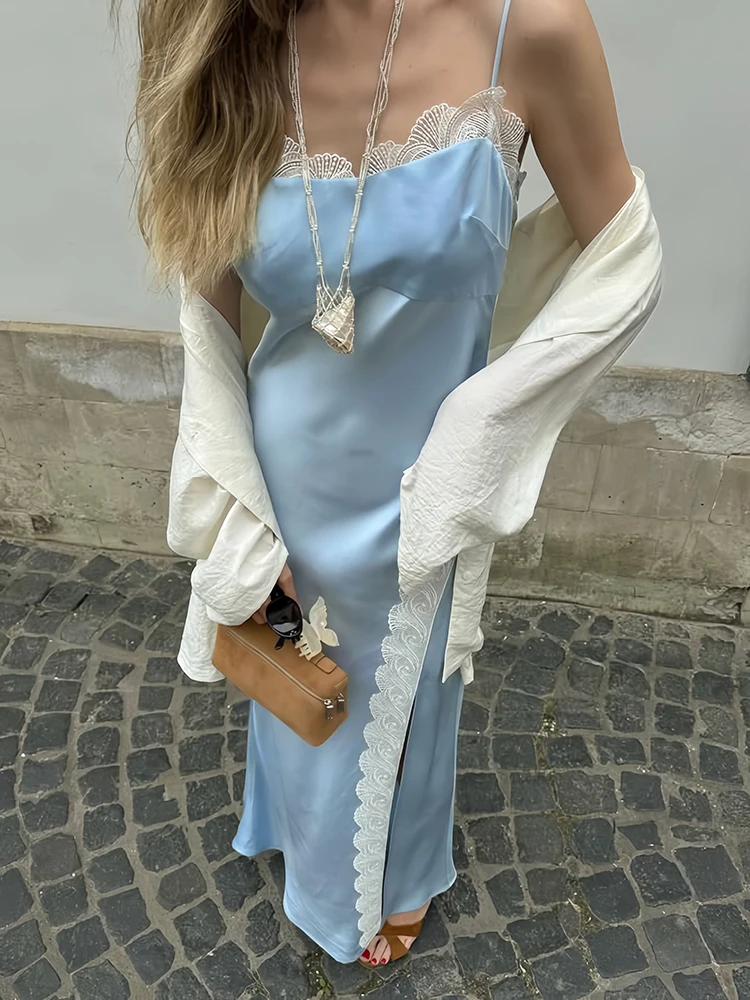 Oniflyme 레이스 패치 워크 스플릿 새틴 맥시 드레스 여성 스파게티 스트랩 슬래시 넥 백리스 Bodycon 드레스 streetwear 섹시한 가운