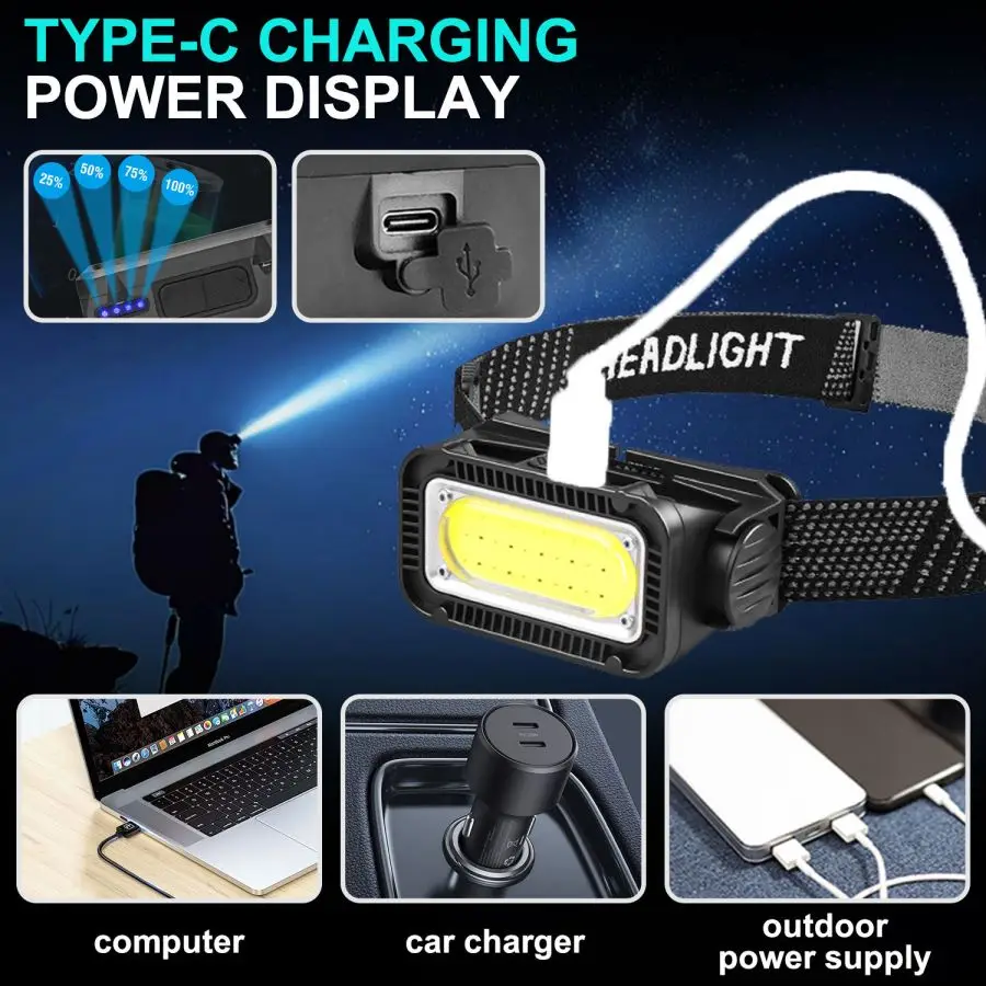 Rechargeable COB LED Headlamp High Power Built-in Battery Powered Headlight Outdoor Waterproof Head Lamp Head Flashlight