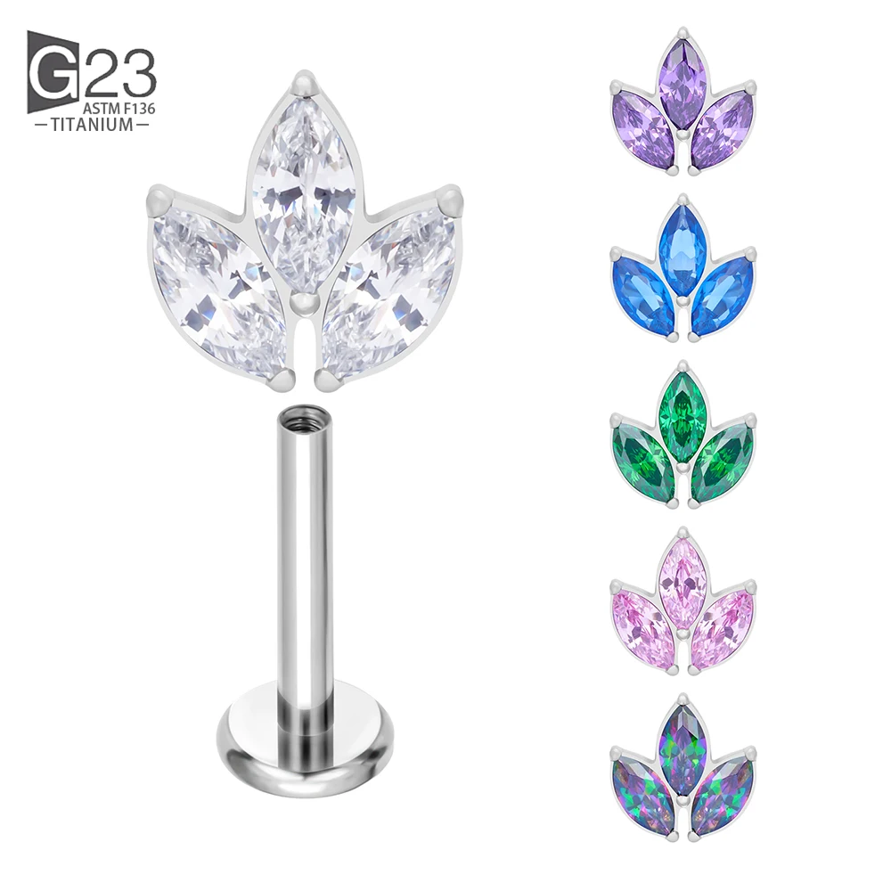 

G23 Titanium PIERC Labret Earring Thread 3 Marquise CZ Paved Top Cartilage Tragus Ear Lip Stud Helix Pircing Body Jewelry Unisex