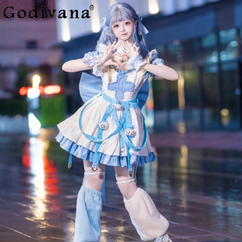 

Japanese Subculture Dress Op Set Summer 2025 Sweet Girls Kawaii Water Color Short Dress Women's Japanese Lolita Style Cos Dress
