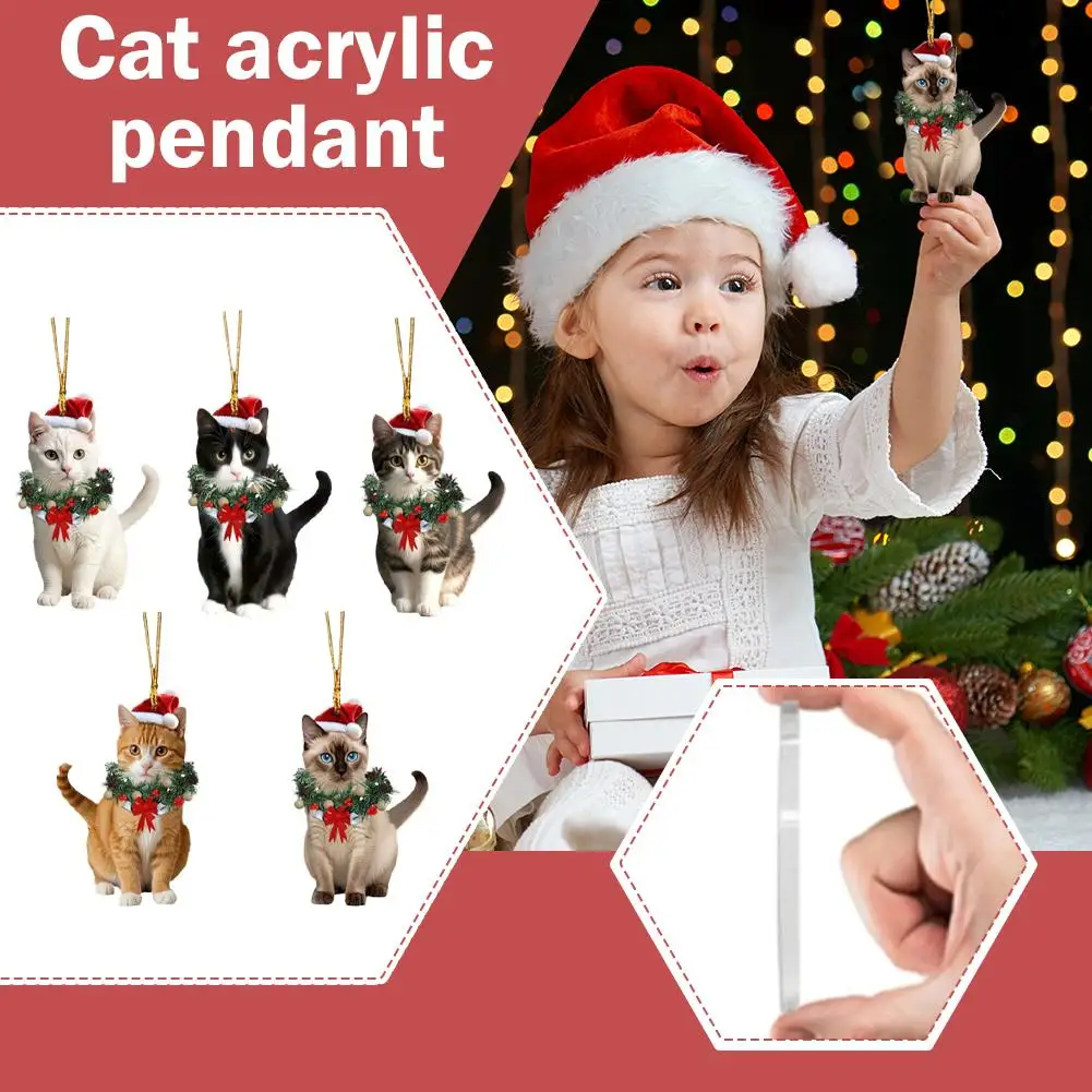 5PCS 2D Flat Acrylic Christmas Pendant Cat Xmas Wreath Bag Charm Pendant Car Hanging Ornament Funny Home Christmas Decoration