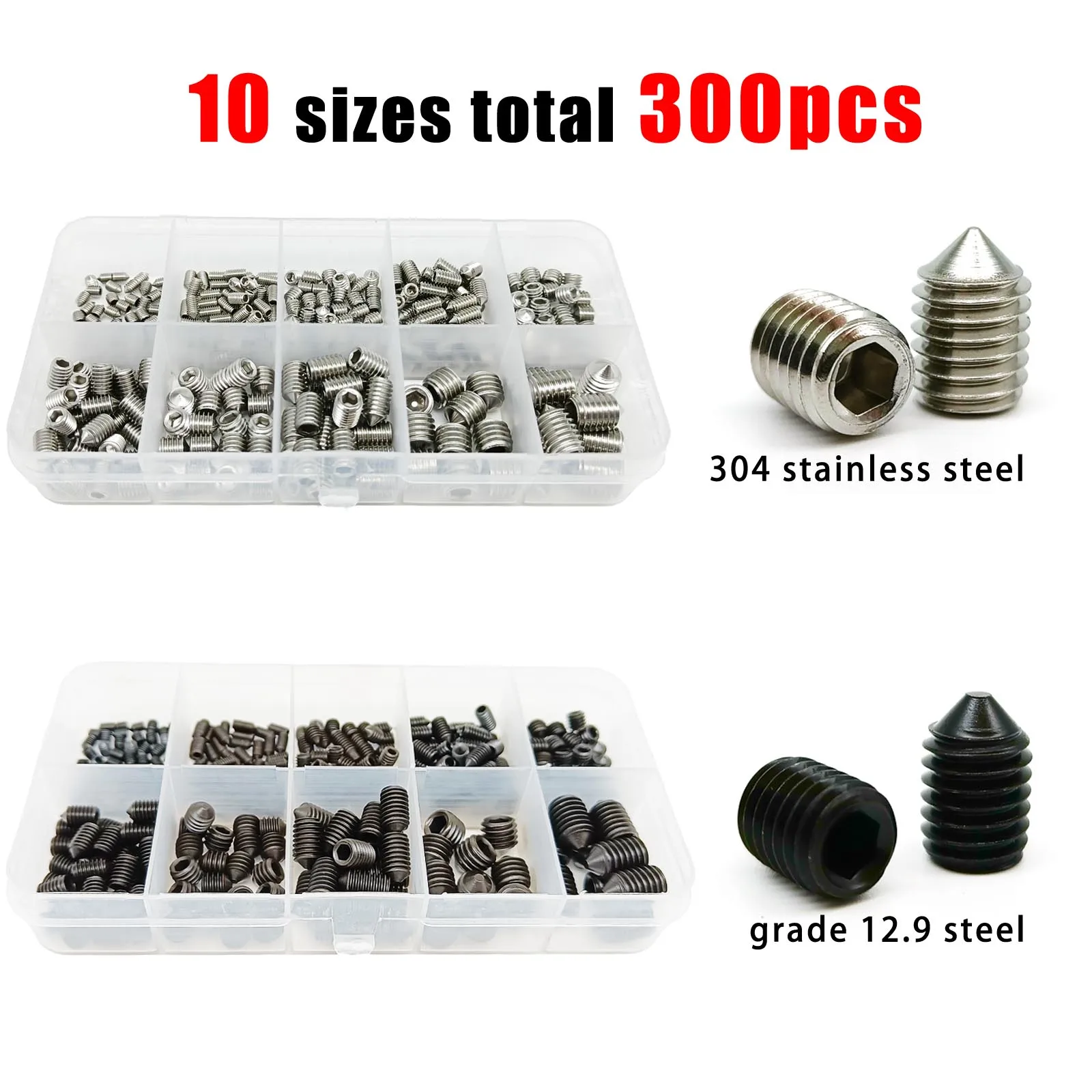 300 Pieces Per Box Mixed M3-M8 10 Sizes Black 304 Stainless & Grade 12.9 Steel Cone Point Hex Socket Set Screws