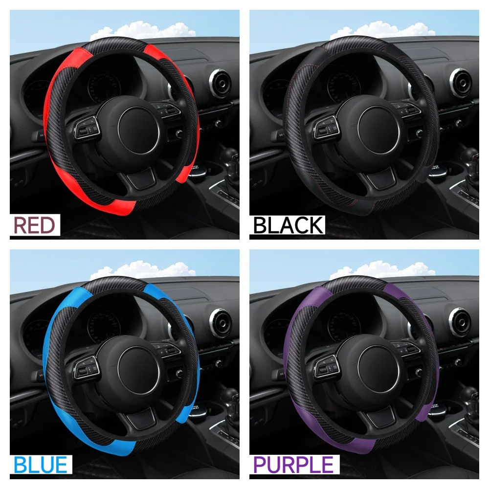 Universal Car Steering Wheel Cover Carbon Fiber Leather Embossed Car Handle Cover Suitable For Car Steering Wheels Men Women