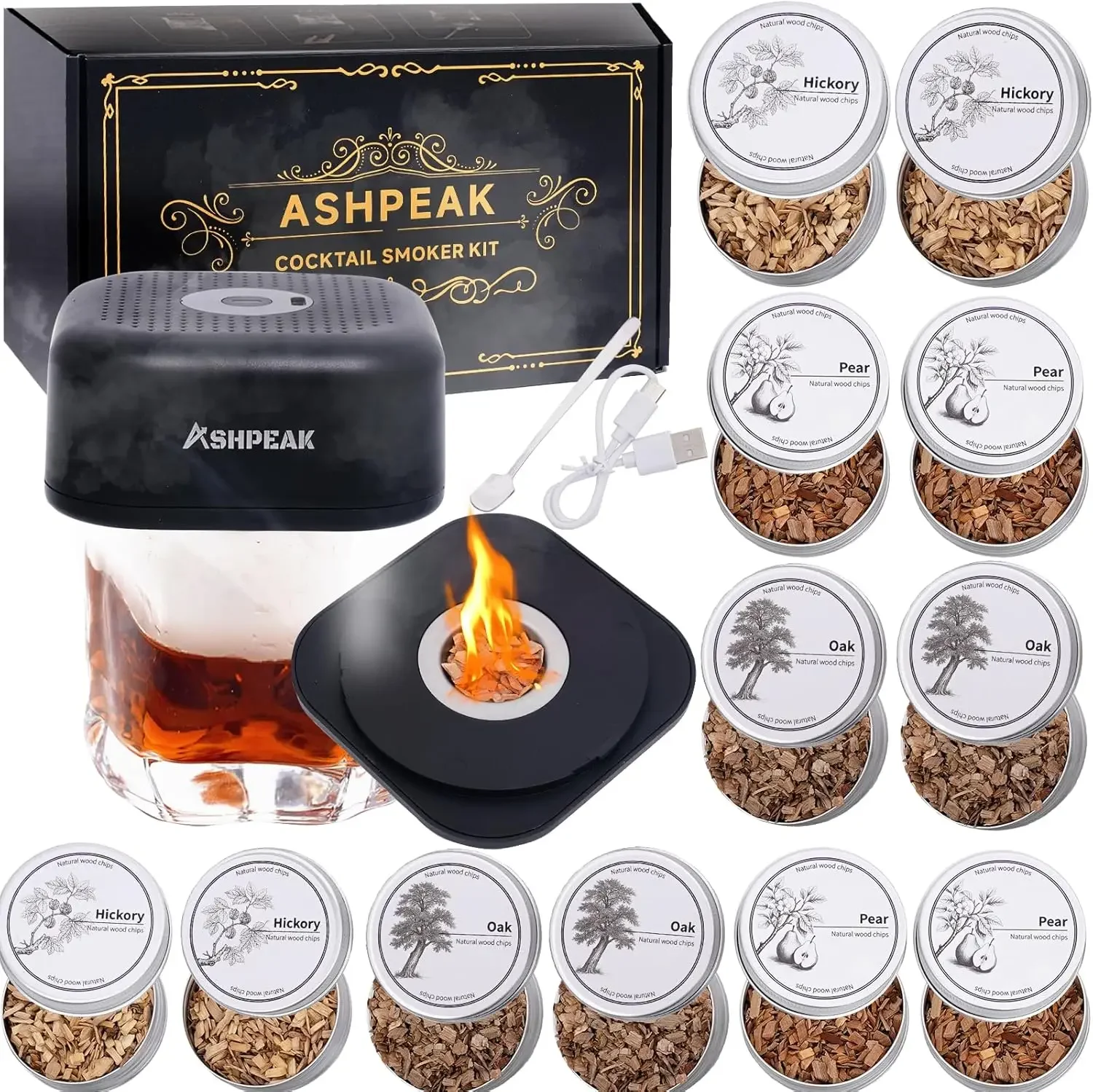 

Electric Whiskey Smoker Kit - 12pcs Wood Chips, Cocktail Smoker Kit – Bourbon,Drink Smoker for Old Fashioned Smoker Gift for Men