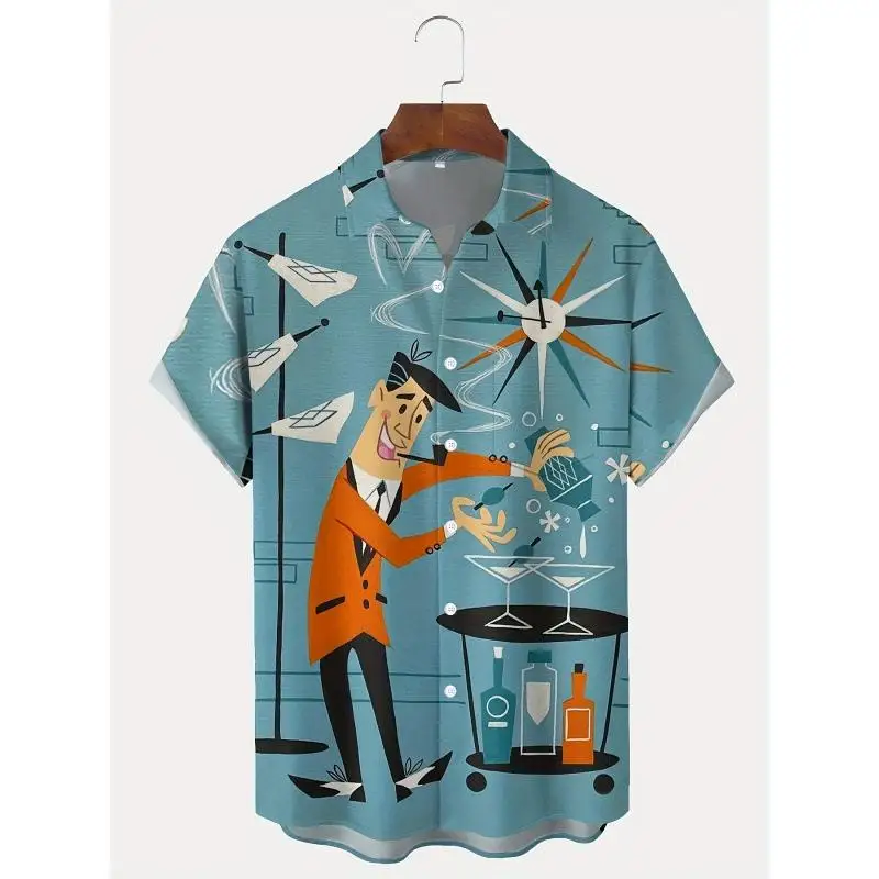 Retro 3D Print Shirt Men's Slim Fit PU Leather Faux Two-Piece Design Summer Casual CleanFit Cuban Collar Inner Wear