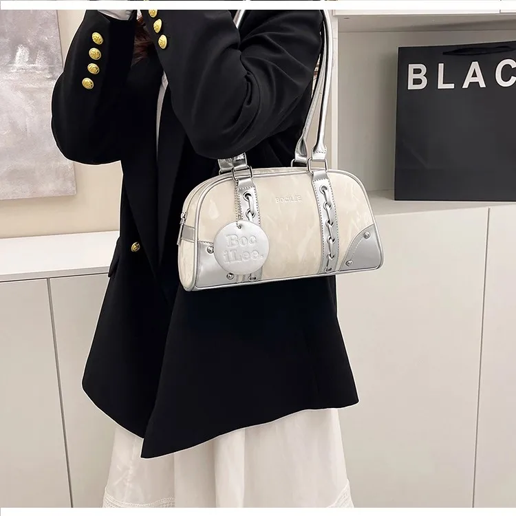 

Retro Letter Minimalist Tote Bag Women Patchwork Fabric Large Capacity Shoulder Bag Ladies Casual Commute Pillow Crossbody Bags