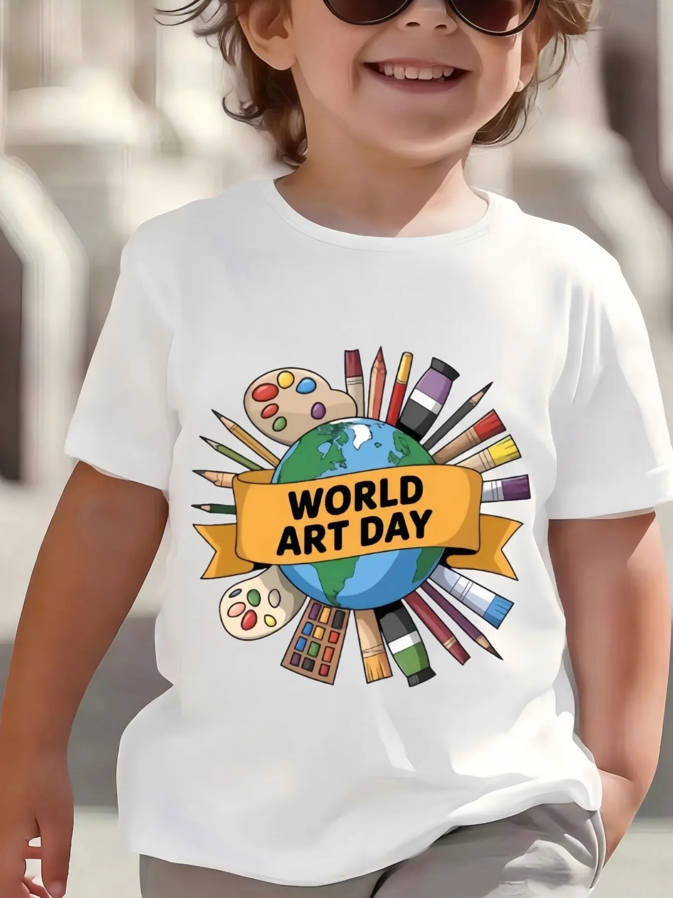 Kids Boys Girls Parent Child Matching Tee World Art Day Print Short Sleeve Crew Neck Soft Casual Family Daily Party Wear Tee