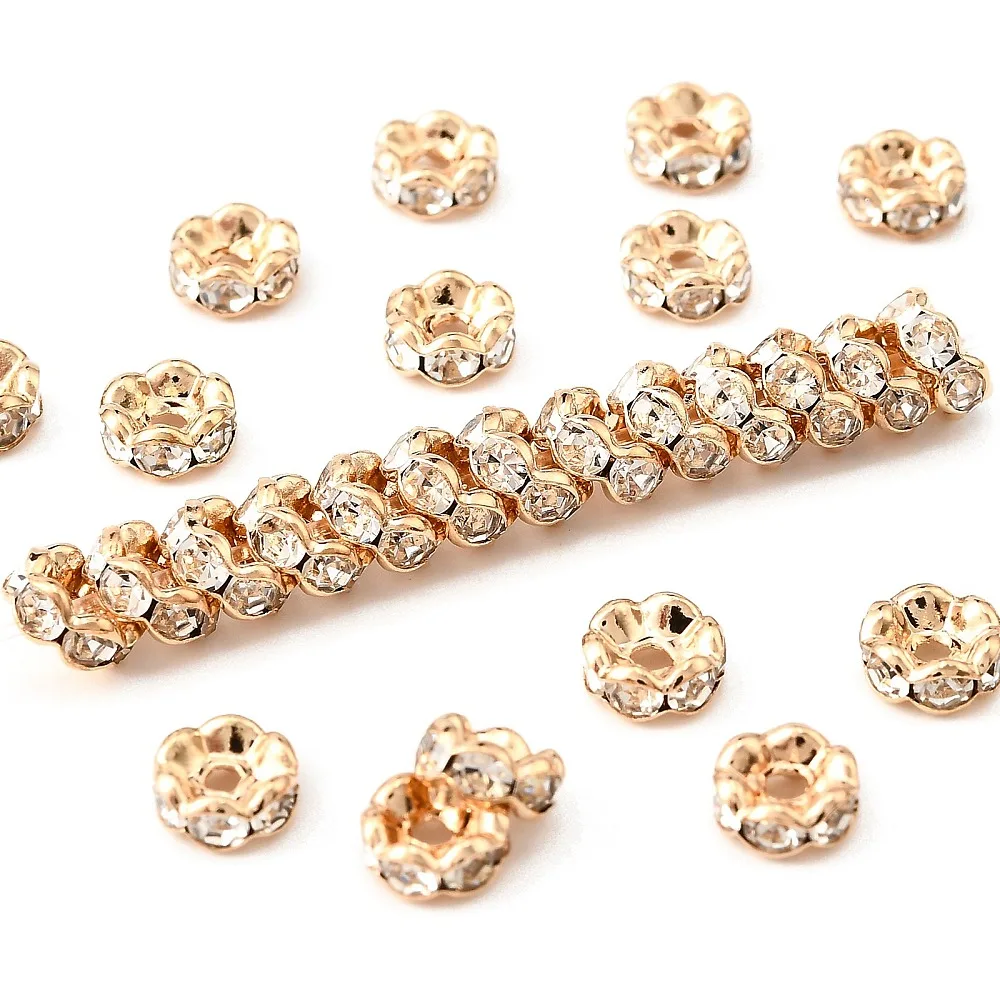 Brass Rhinestone Spacer Beads Grade AAA Wavy Edge Nickel Free Light Gold Metal Color Rondelle 6x3mm Hole: 1mm