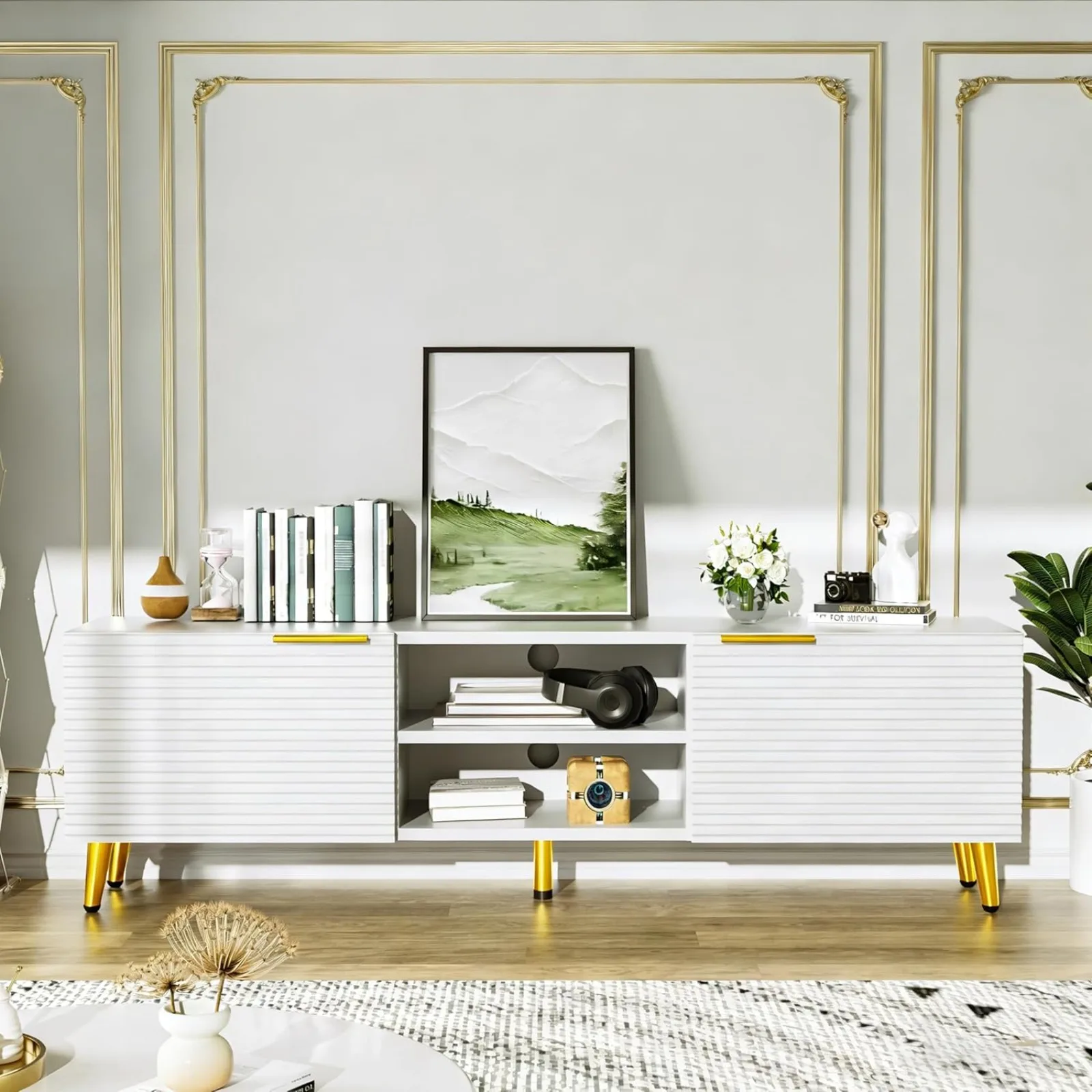 ern TV Stand or 55/60/65 Inch TV, Entertainment Center with Storage Cabinet and Open Shelves, Media ole Table or Living Room, Be