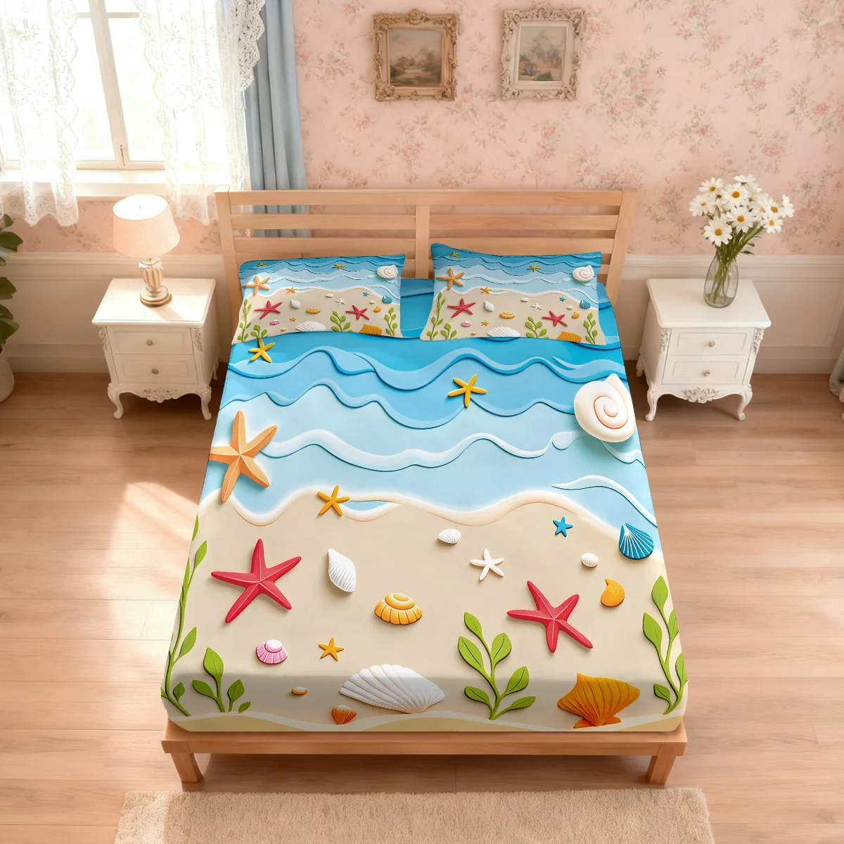 3pcs Beach Starfish Printed Coreless Bed Sheet Set, Multi Size Soft Bed Cover, Bedroom Bedding Decoration, Machine Washable