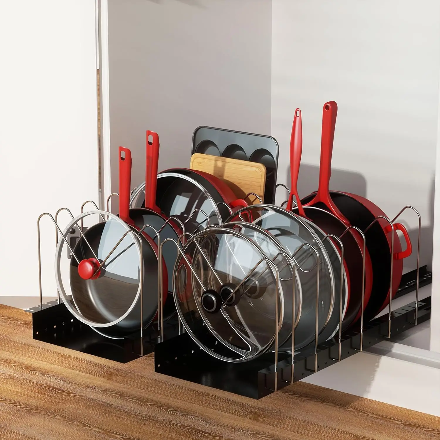 

Pull Out Pots and Pans Organizer for Cabinet - Sliding Lid Holder and Pan Rack in Kitchen, Cabinet Pull Out Shelves, Slide Out C