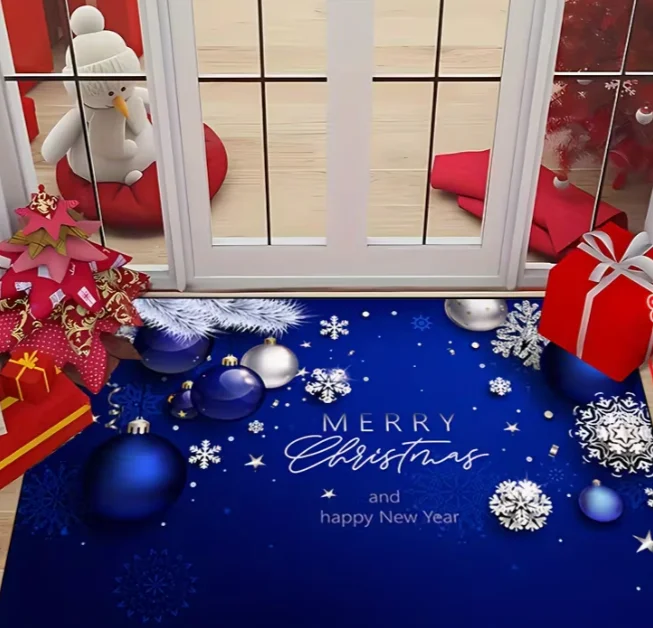 1pc Blue and White Christmas Mat with Bells, Snowflakes, Ribbons, and Stars - Non-Slip, Machine Washable, Polyester Mats