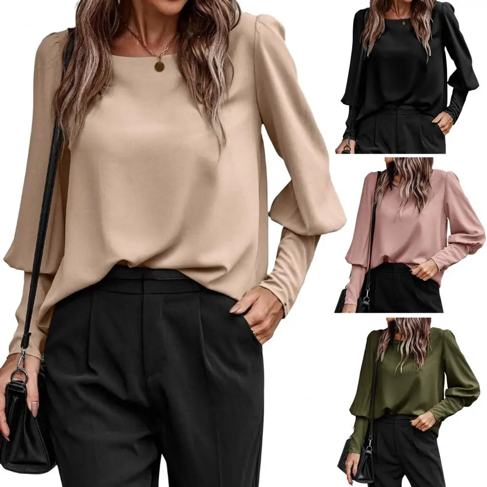 Women Loose Blouse Trendy Lantern Sleeve Women's Blouse Button Closure Lady Top for Spring Autumn Chic O Neck Shirt Solid Color