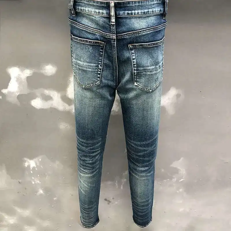 بنطلون جينز أزرق نحيف للرجال مع سحاب ، خليط ، هيب هوب ، مكدسة ، بنطلون دراجة نارية ، ملابس الشارع الشهير