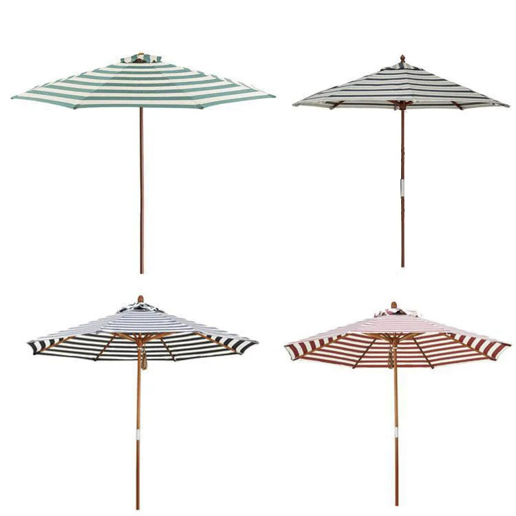 Customized solid wood mid-column umbrella 2.7 meters waterproof striped wooden beach garden umbrella pull rope wooden outdoor ho