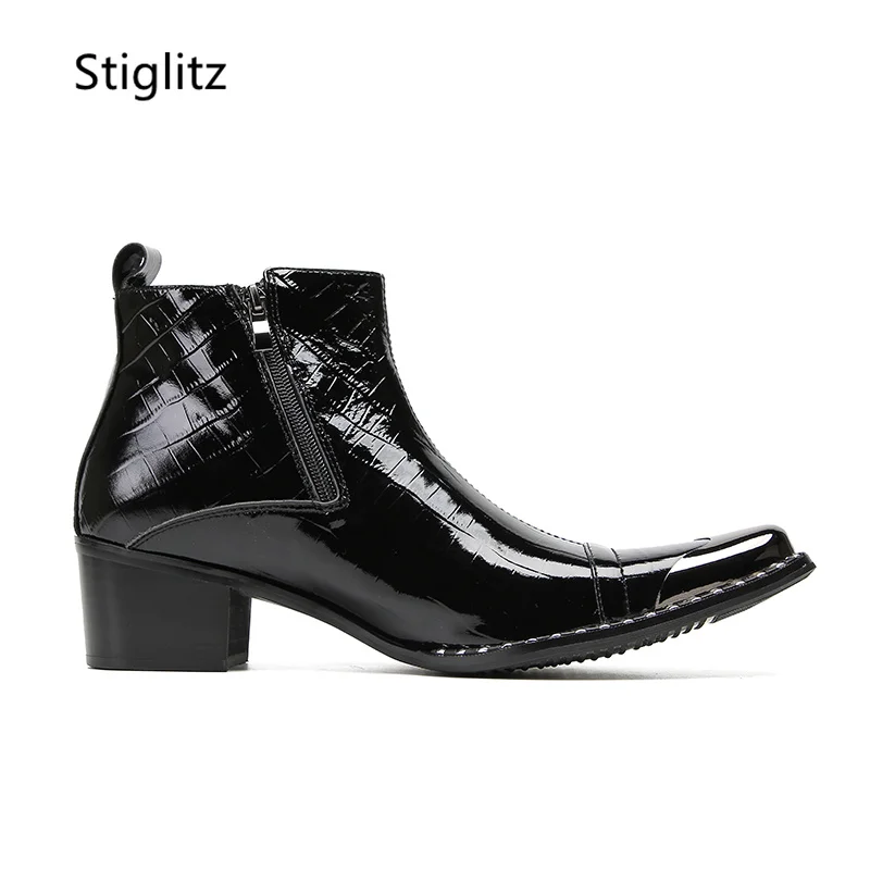 Black Leather Ankle Boots Men Safety Shoes Man for Work Wedding Shoes Metal Toe Side Zipper Med Heels High-Top Short Boots