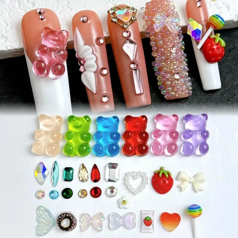 1Box Resin 3D Cute Bear Nail Charms Multiple simulated Candy Bear Rhinestones Crystal Nail Art Decorations for Manicure DIY