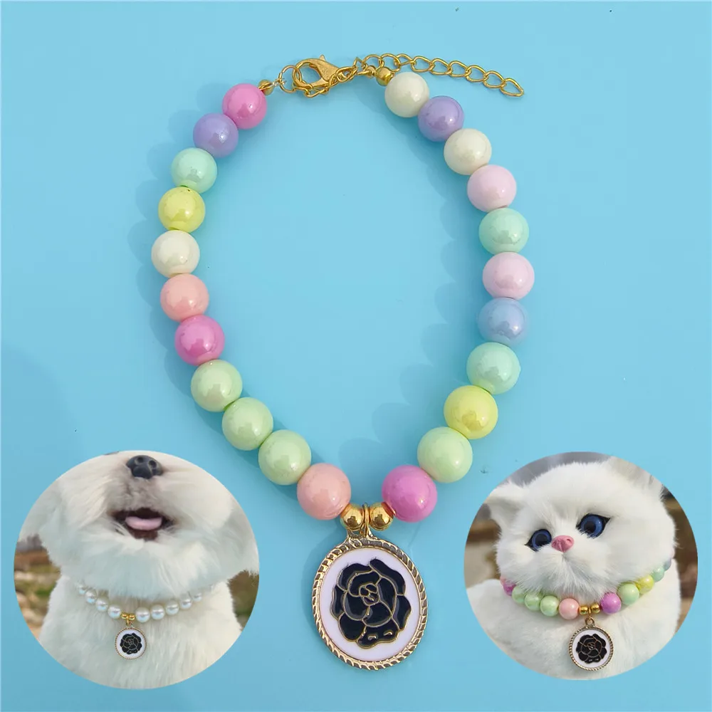 

Colorful Adjustable Pet Pearl Necklace Cats Dogs Animals Grooming Accessory Fashion Cat Collar Kitten Dog Collier Chat