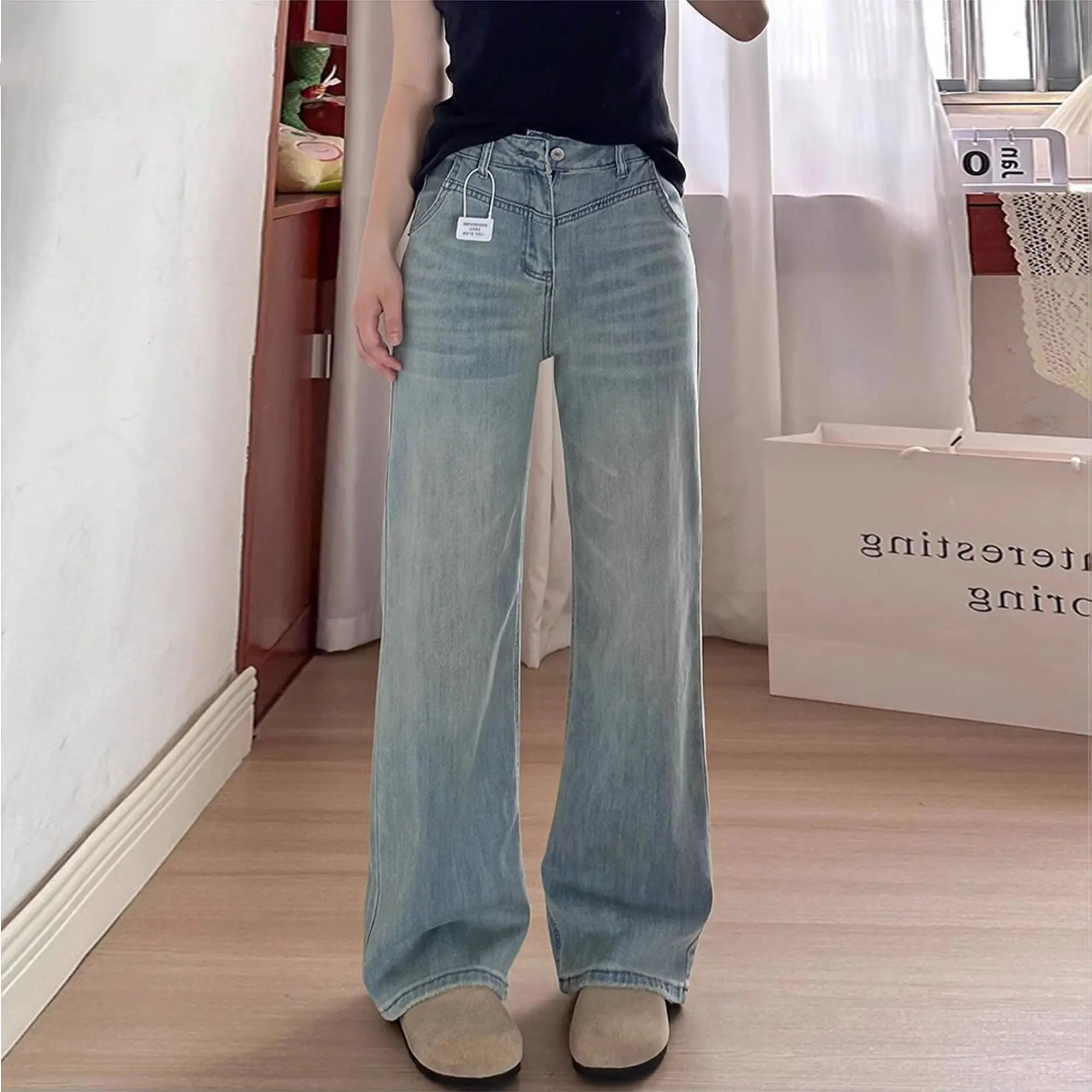 

Spring Autumn New Loose Slim Women Jeans Simple Basic Casual Loose Woman Jeans Light Blue High Waist Straight Leg Pants Female