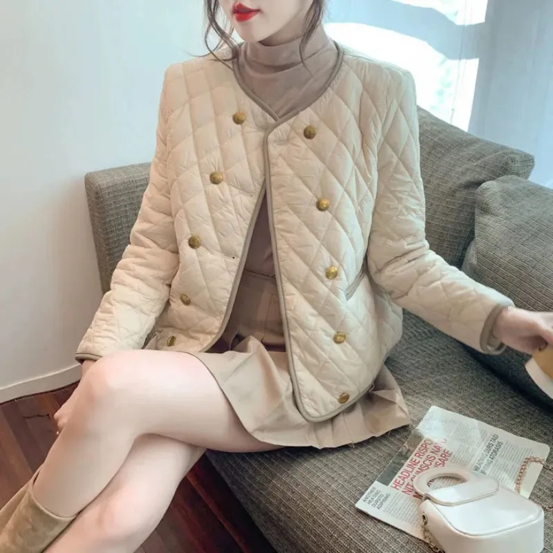 Vintage O-Neck Parka Coat Women Korean Fashion Double-Breasted Down Cotton Jacket Lightweight Warm Cotton