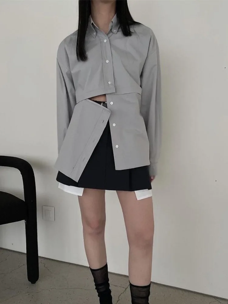 Blue Zipper Splice Design Women's Long Sve irt Faionable Single Button Midi Length Top Commute Sle Pure E-commerce