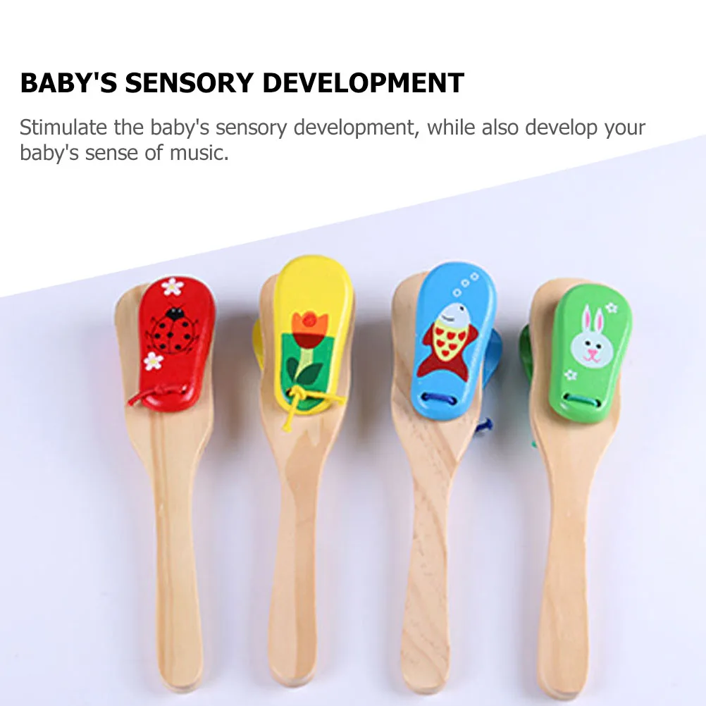 

2 Pcs Children Long Handle Ringboard Castanets for Kids Multi Functional Instrument Wooden Toys Baby Musical Instruments
