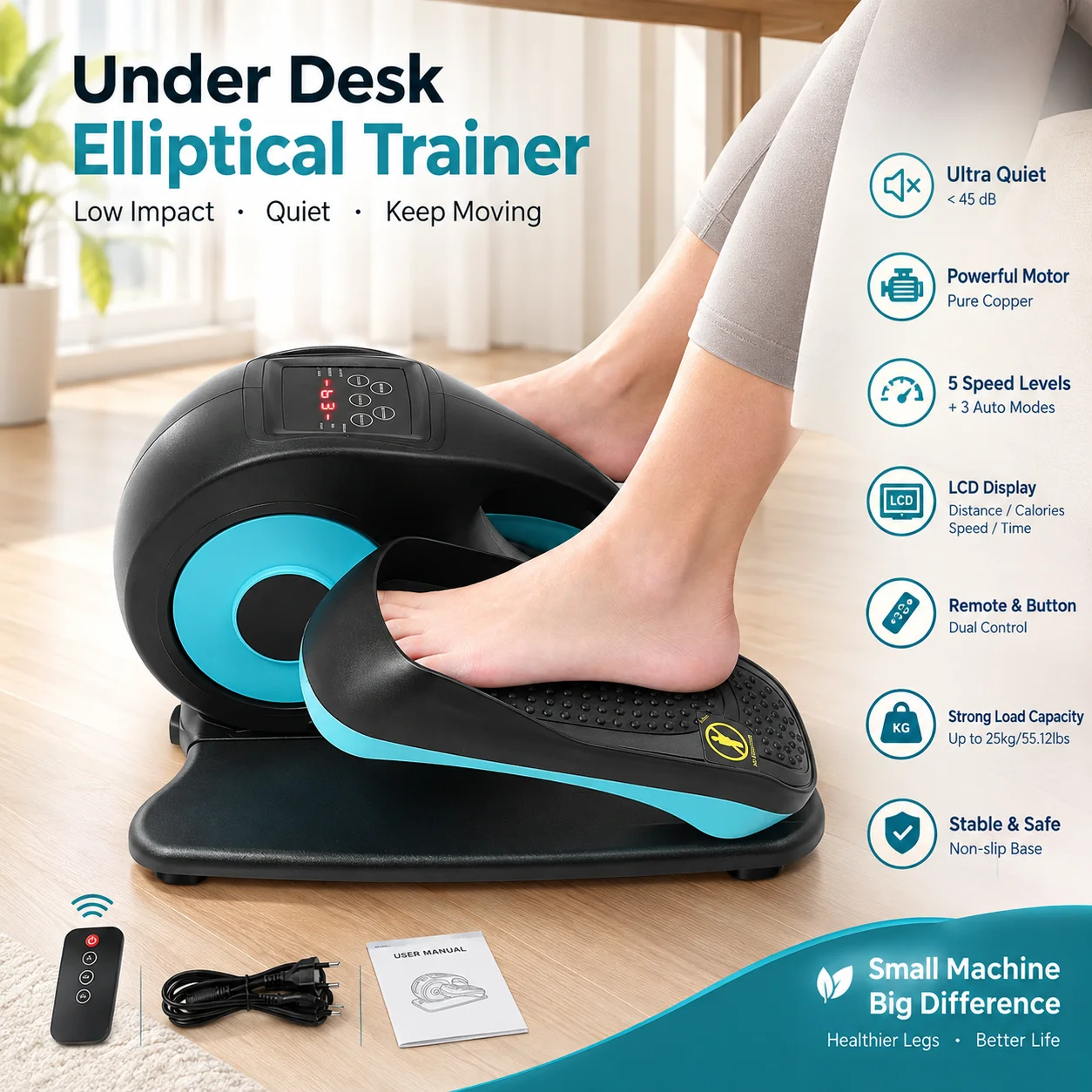 Macchina ellittica da 60 W, di colore blu, da utilizzare sotto la scrivania, ideale per anziani. Attrezzo per esercizi delle gambe, completamente assemblato, con pedali per esercizi in posizione