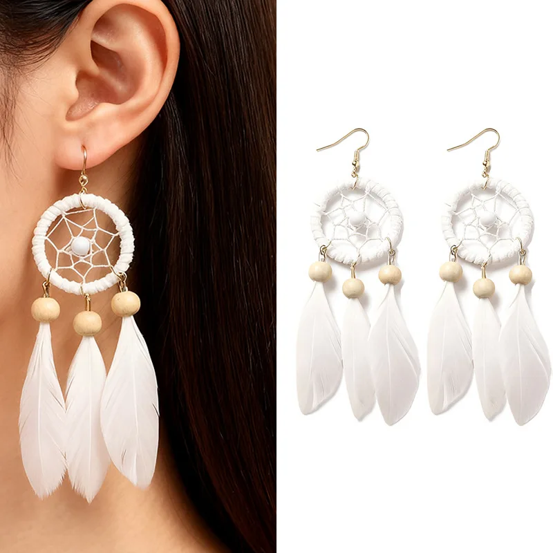 Green Blue Red Feather Tassel Earrings for Women Feather Fringed Dreamcatcher Long Earring Women\'s Handmade Boho Earings Jewelry