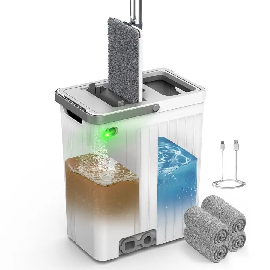 

and Bucket Set with AUTO Pump, 3Zone Separate Dirty and Clean Water Floor Mop, Flat Mop and Bucket System with Wheels and Wringe