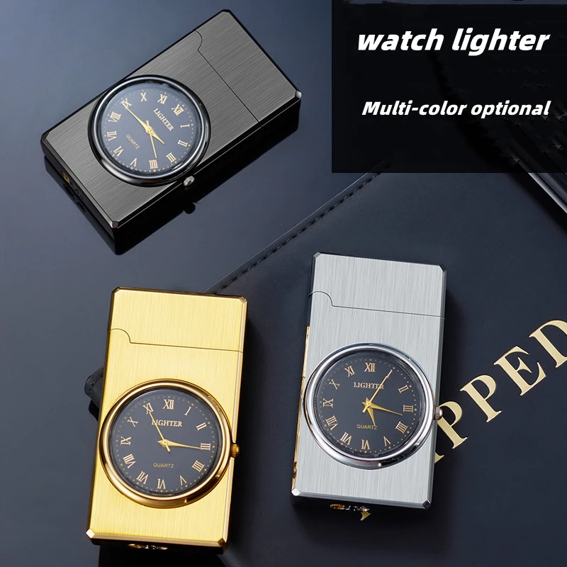 New Loud Clock Inflatable Windproof Straight Blue Flame Watch Lighter Metal Turbo Flashlight Lighter Unusual Lighter Men\'s Gift