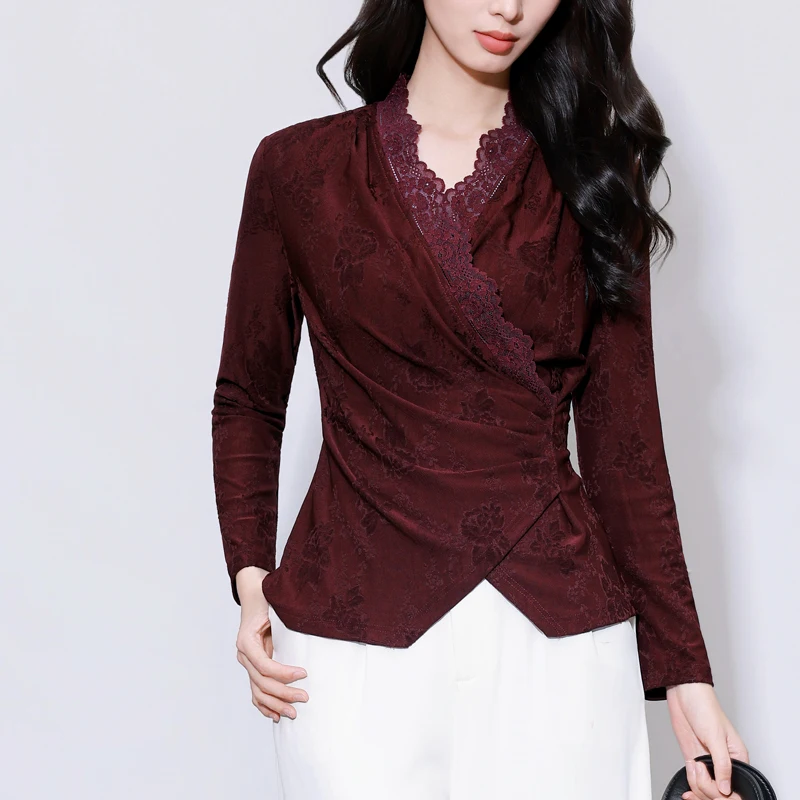 

2026 Spring Autumn New Womens Wine Red Floral Stretchy Knitted Shirt Long Sleeve V-Neck Lace Tops Vintage Casual Female Blouse