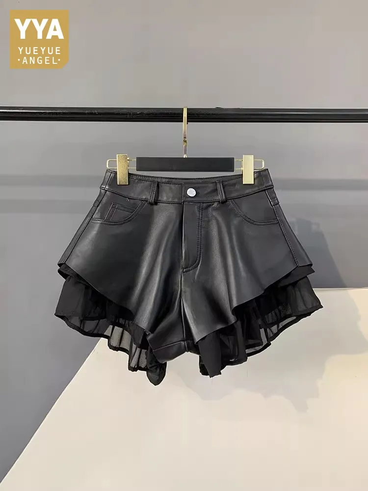 Autumn Spliced Double-Layer Yarn Genuine Leather Lady Shorts High Waist Real Sheepskin Ruffles Above Knee Length Short Trousers