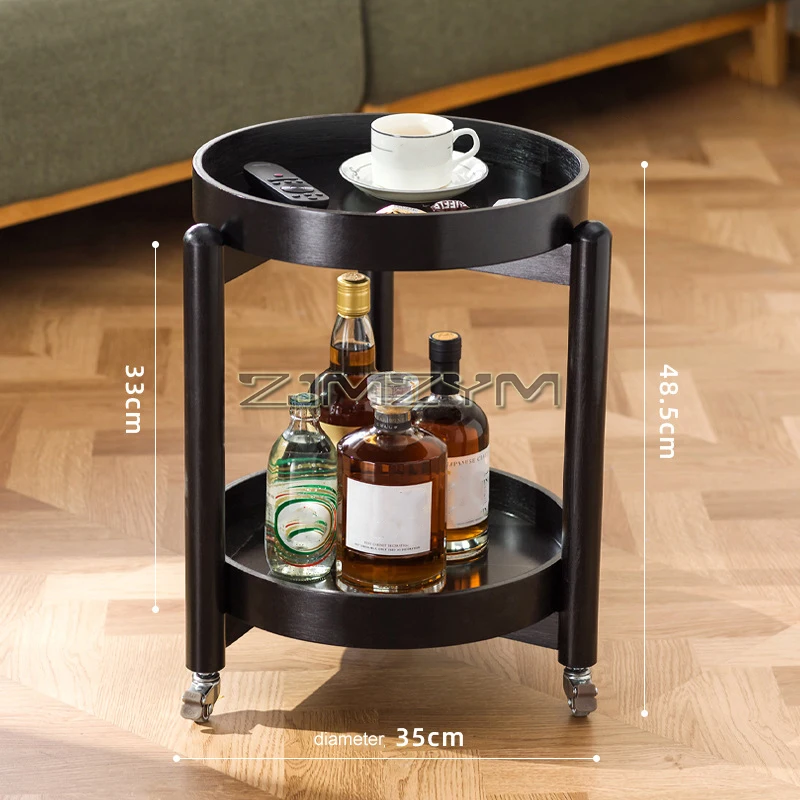 Side Table with Wheels, Round Side Table Small Bedside Nightstand with Removable Tray Top for Living Room, Bedroom, Black