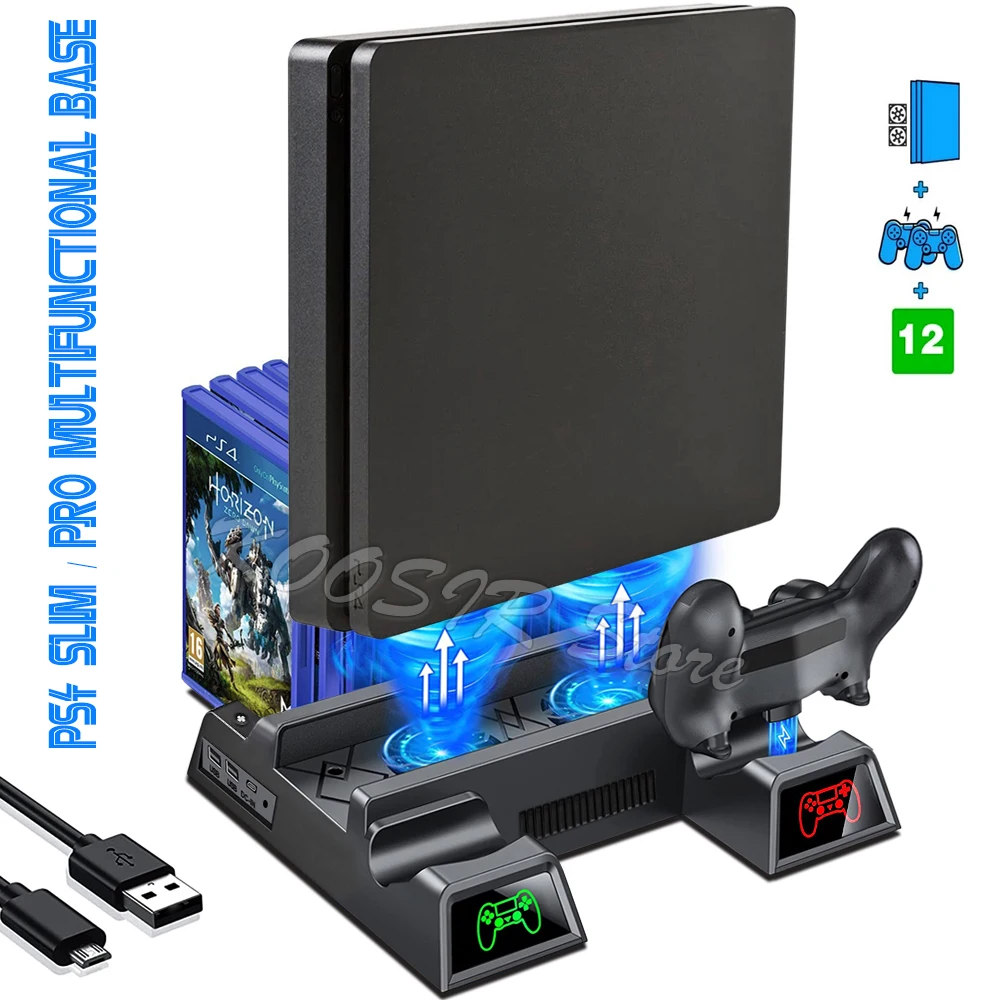 PS4 Slim Play Station 4  PRO Cooling Stand With 2 Gamepad Charging Dock 12 Video Games Support for Playstation 4 S Accessories