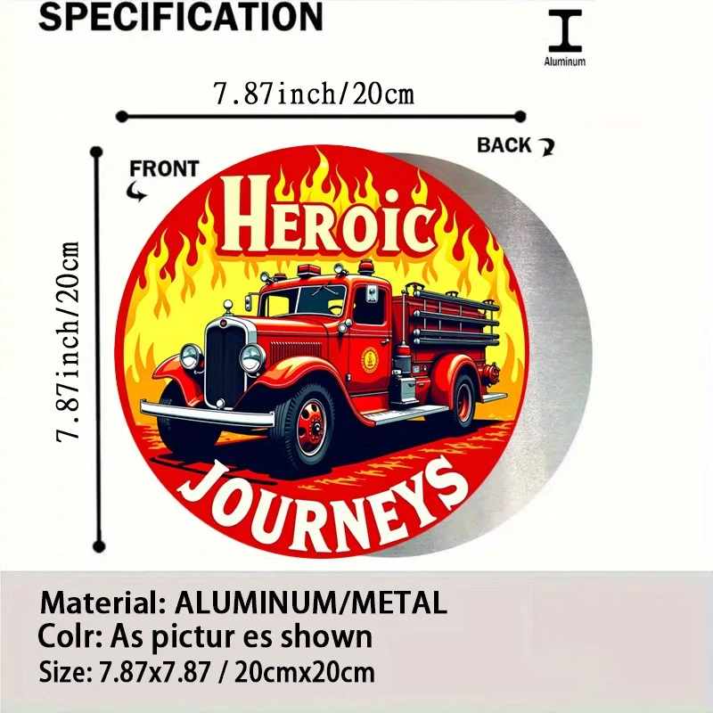 Vintage Fire Truck Aluminum Tin Sign - Retro Rustic Metal Wall Art for Home, Garage, Dining Room, Cafe - 1pc Round Aluminum Deco
