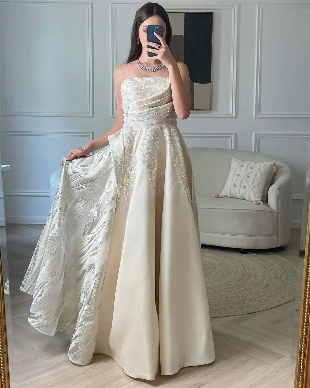 Prom Dress Evening Jersey Sequined Pleat Celebrity Ball Gown Strapless Bespoke Occasion Gown Long Dresses Saudi Arabia