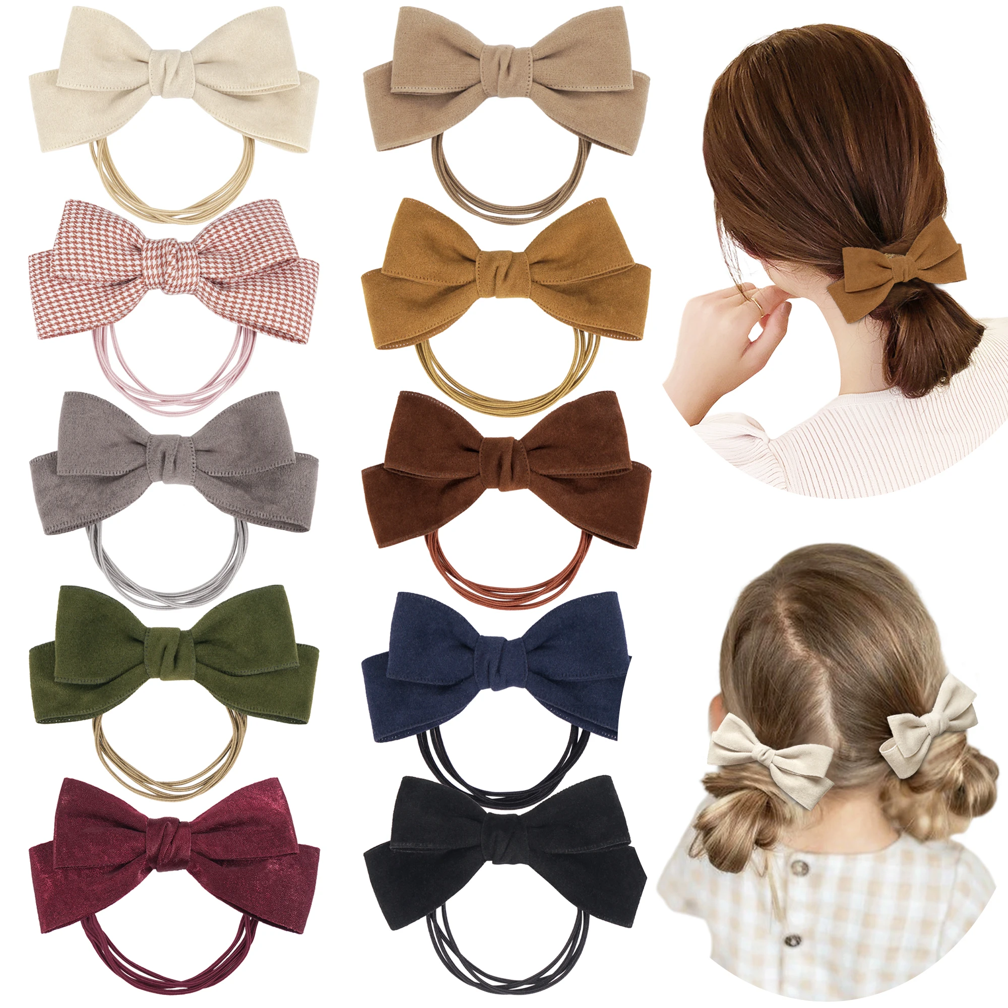 10Pcs/set New Fashion Autumn Winter 4Inch Bow Flocking Hair Ring Elastic Hair Bands for Women Girls Hair Accessories Headwear