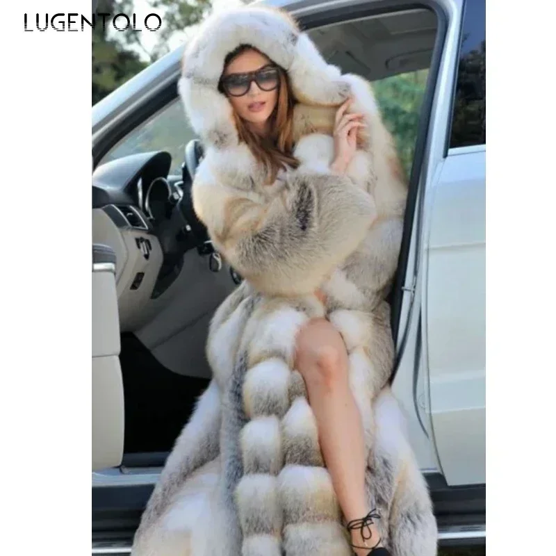Women Faux Fur Coat Thicked Hooded Warm Winter Female New Large Size Loose Elegant Long Sleeve White Fur Cloth