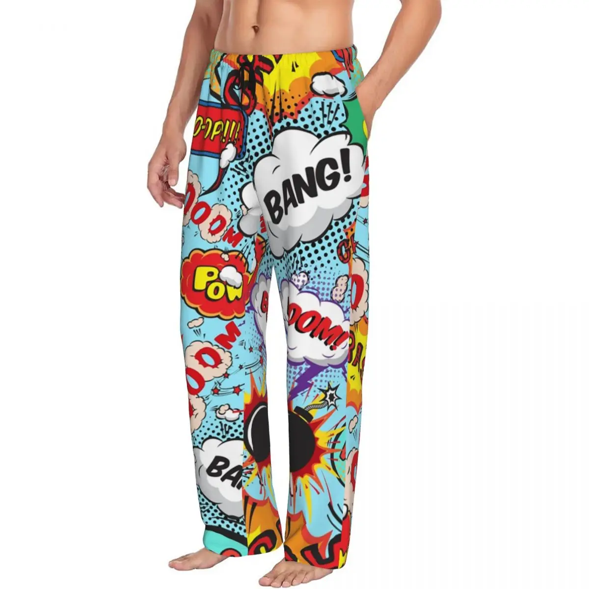 Custom Printed Superhero Cartoon Anime Pajama Pants Men Comic Pop Art Explosions Pattern Sleep Sleepwear Bottoms with Pockets