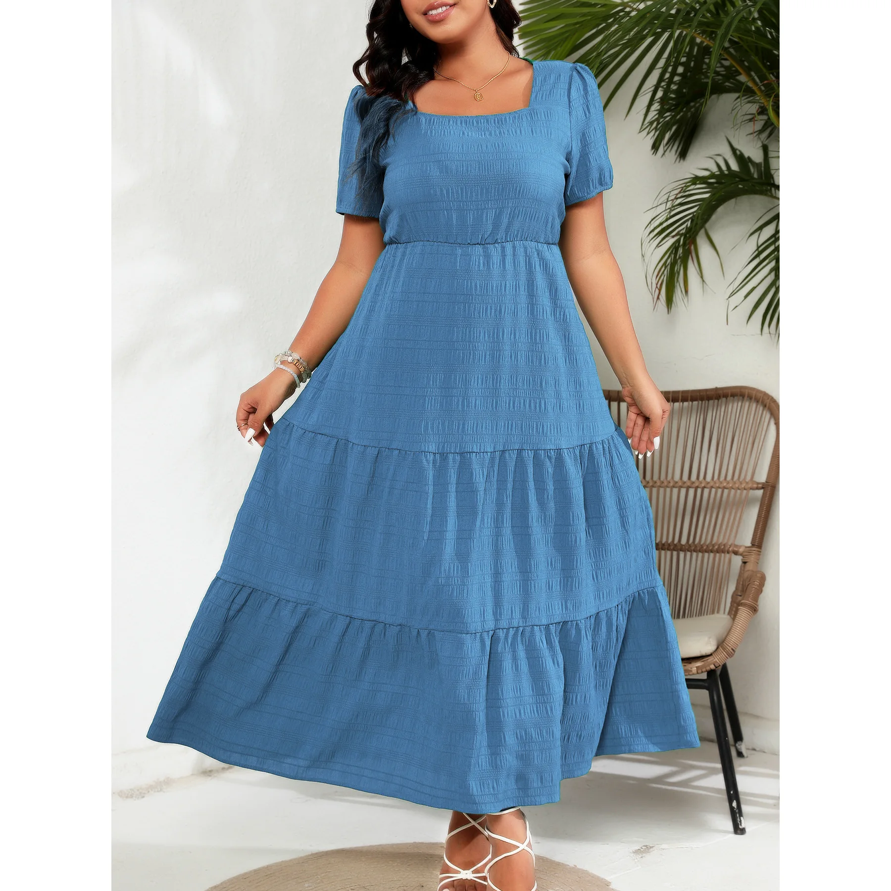 Ele plus Size Dres with kets ort Sve Square Collar Ba Gathered Women's Faion Cross-Border Gown