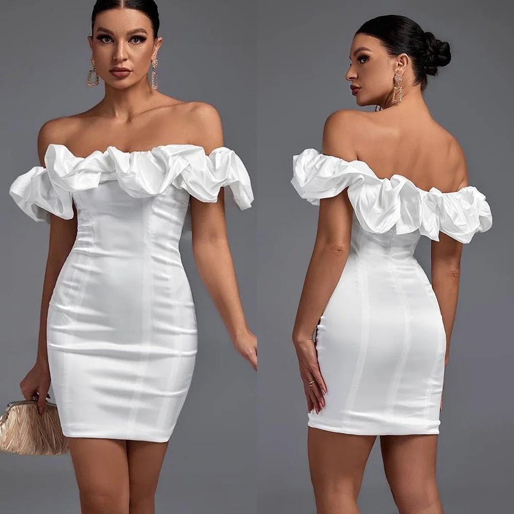 

Jiayigong High Quality Evening Jersey Pleat Ruched Celebrity A-line Off-the-shoulder Bespoke Occasion Gown Mini Dresses