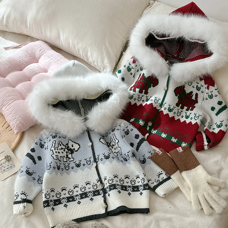 2025 Winter New Festive Atmosphere Thickened Warm Hooded Wool Collar Single Breasted Sweater