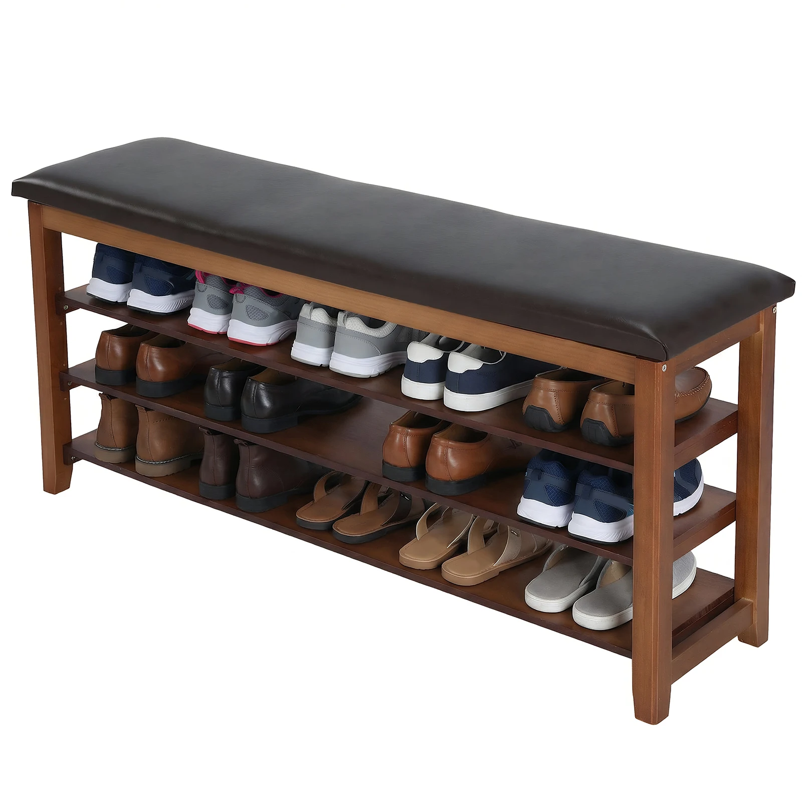 Shoe Bench with PU Leather Cushion 3-Tiers Entryway Bench Height Adjustable for Entryway Hallway Closet Front Door Entrance